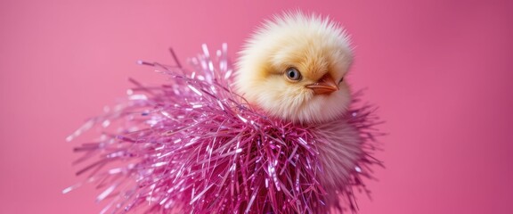 Cute Fluffy Chick in Pink Tinsel
