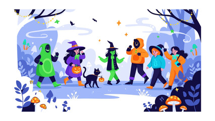 Halloween Parade in Forest: A vibrant illustration captures a joyful Halloween parade in an enchanting forest setting, featuring children in various whimsical costumes, including a playful witch.