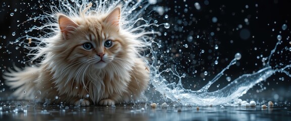 Fluffy Ginger Cat Splashing Water