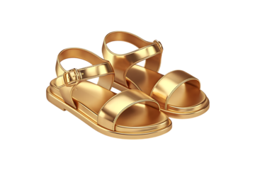 A pair of elegant golden sandals shines with a reflective surface, perfect for adding a touch of glamor to any outfit and ensuring a comfortable fit.