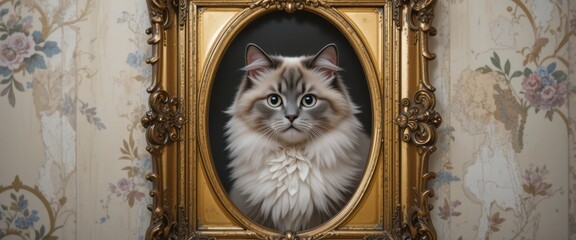 Elegant Cat Portrait in Ornate Gold Frame