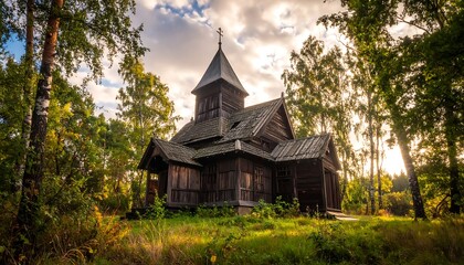 Wooden church in a sunlit forest