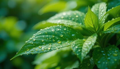 Vibrant Green Leaves with Fresh Dew Drops