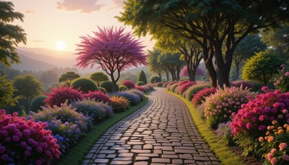 Vibrant Garden Path at Sunset
