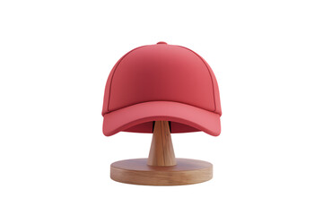 Vibrant Red Baseball Cap Elegantly Displayed on a Wooden Stand, Exuding Style and Simplicity, Perfect for Accessory Lovers.