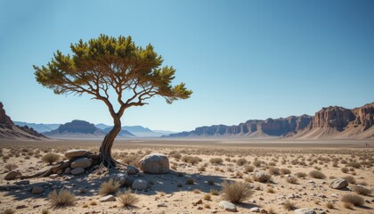 Solitary Tree in Vast Desert Landscape with Rock Formations