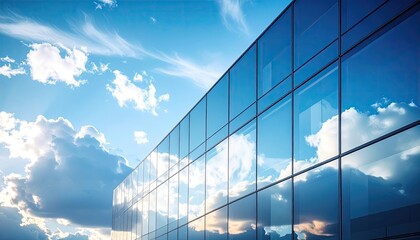 A modern glass building's exterior reflects a partly cloudy sky, showcasing a dynamic interplay of architecture and nature