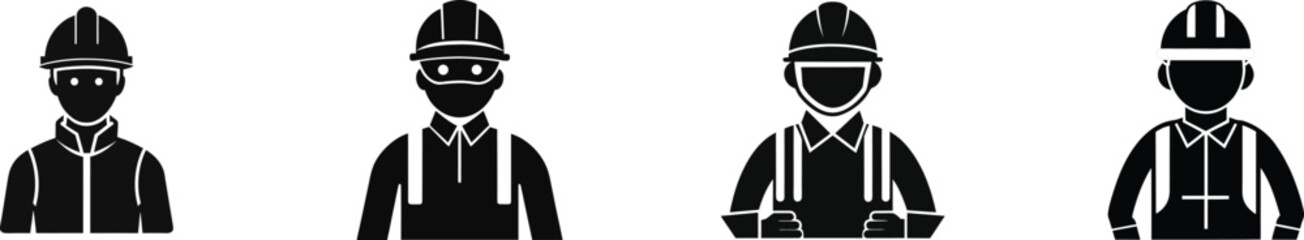 Construction worker helmet silhouette icons set vector