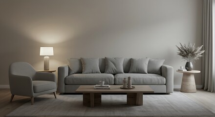 Modern Light Gray Sofa Living Room with Armchair Side Table and Floor Lamp