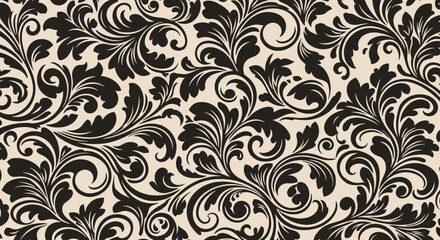 Floral motif pattern in black and beige, seamless design