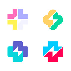 Collection of crosses with flash inside  logo template. Universal colorful medicine, health, pharmacy design logotype symbol.