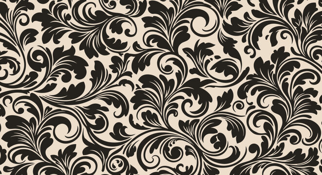 Floral motif pattern in black and beige, seamless design