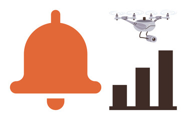 Orange notification bell, surveillance quadcopter with camera, and upward bar chart. Ideal for security, technology, innovation, data analysis, communication progress automation. Simple flat metaphor