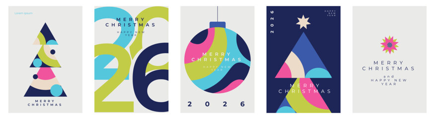Minimalist geometric Christmas and New Year greeting cards set. Modern abstract design with tree, ornament, numbers, colorful shapes. Perfect for holiday invitations, posters, prints.