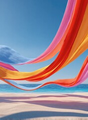 Vibrant, flowing fabric ribbons in orange, pink, yellow, and blue hues dance above a serene beach under a clear blue sky, casting soft shadows on the sand