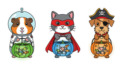Halloween Costume Animals: Three adorable animal companions are showcased in festive Halloween costumes, each one with its unique charm and character. The guinea pig astronaut, the superhero cat.