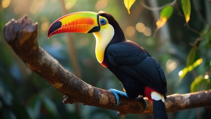 Naklejka premium Vibrant Toucan Perched on Branch Amidst Golden Hour Sunlight and Lush Greenery