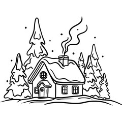 Winter House Line Art, Snow Cottage Outline, Hand Drawn Christmas Holiday Illustration Vector
