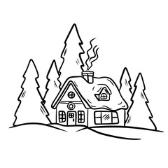 Winter House Line Art, Snow Cottage Outline, Hand Drawn Christmas Holiday Illustration Vector