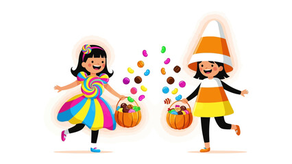Sweet Treat Celebration: Two cheerful children joyfully collect sweets, dressed in whimsical costumes, embodying the sugary spirit of a festive occasion. 
