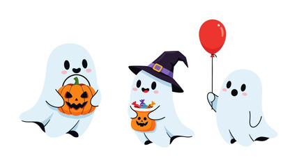 Spooky Squad: A trio of adorable ghost characters prepare for a delightful Halloween night, each with their own festive prop, conjuring a mix of fun.