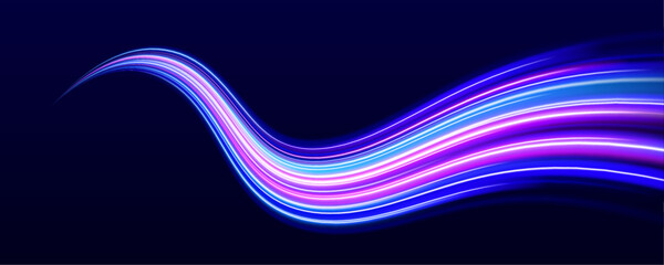 Light trails form intricate curves and sharp turns in a futuristic environment. Purple and cyan neon hues enhance the sense of speed and direction. A rush of digital energy.
