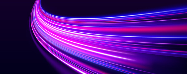 Futuristic highway at night with glowing neon trails streaming through darkness. Dynamic lines twist and curl in vibrant blue and purple hues. The speed is captured in light motion.