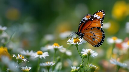 Obraz premium A colorful butterfly landing on a daisy in a meadow
