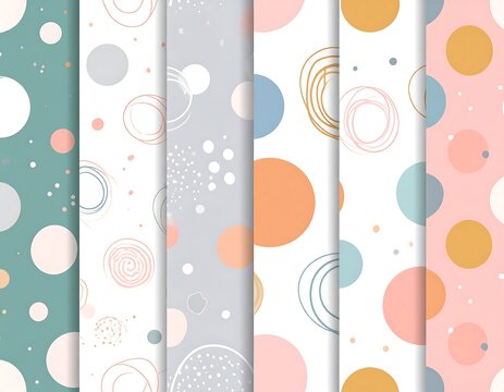 Collection of pastel-colored patterns with circles and swirls