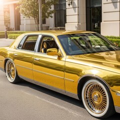 Gleaming Gold - A Luxurious Car Shines on City Streets.