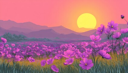 Vibrant pink cosmos flowers bloom across a field at sunset, silhouetted against hazy purple mountains and a large yellow sun