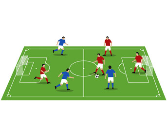 Exciting soccer match between teams on a green field illustrated design playful environment bird's eye view