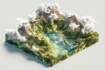 Isometric view of a square terrain, featuring mountains, a lake, & clouds