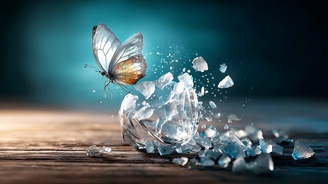 A shattered wine glass reforming into a crystal butterfly, depicting Post-Traumatic Growth, emotional Transformation, and the delicate process of healing for mental health coaching materials.