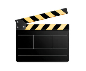 Fototapeta premium A black movie clapboard with yellow and black striped clapper sticks, isolated on a transparent background, symbolizing filmmaking and production