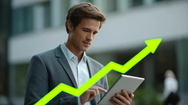 young entrepreneur with MBA certificate reviewing investment proposal on tablet green arrow overlay gentle notification chime optimism three quarter wide angle cinematic color cor