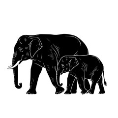 Fototapeta premium Vector art of silhouette of adult and baby elephant walking together