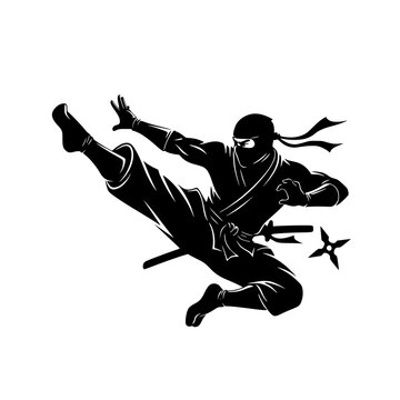 Vector art of dynamic silhouette of ninja in action pose with throwing stars
