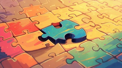 Vivid Blue Puzzle Piece Hovers Over a Warm, Glowing Jigsaw Solution