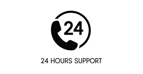 Black and white icon of telephone and “24 HOURS SUPPORT” text, symbolizing round-the-clock customer service and business availability
