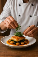 Chef garnishing dish with fresh microgreens
