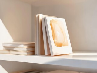 Warm Sunlight Illuminates a Minimalist Bookshelf with Watercolor Art