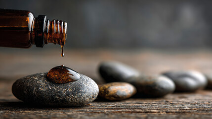 Close-up of dark brown essential oil droplet falling onto smooth stone placed on rustic wooden surface, natural wellness concept, high detail, soft natural lighting