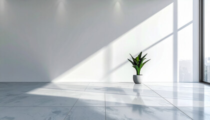 A minimalist room with white walls, gray tiled floor, and sunlight from a large window. Interior wall blank mockup with copy space.