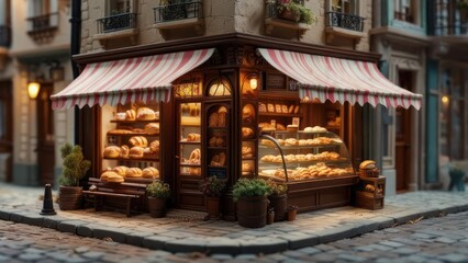Warmly Lit Corner Bakery with Striped Awning and Delicious Pastries on Cobblestone Street