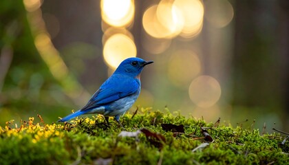 Blue bird perched on moss in sunlight