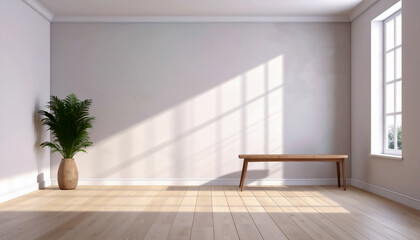 Obraz premium A minimalist, sunlit room with light hardwood floors, a large window, a small wooden bench, and potted plant. Serene empty wall with copy space.