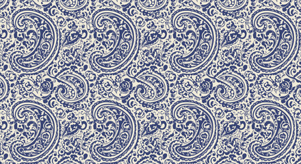 Navy paisley pattern on beige background. Intricate details, traditional design, repeating motif