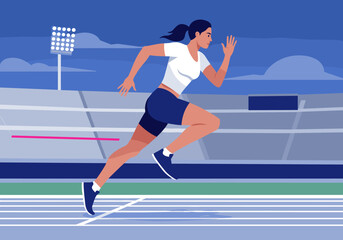 Obraz premium Sprint race action by female athlete stadium arena digital nighttime setting dynamic perspective sports concept