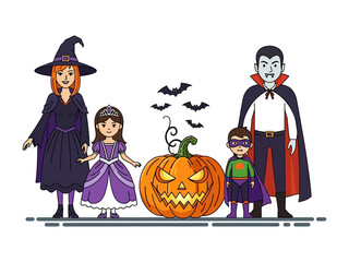 Halloween Costume Ensemble: A collection of characters adorn costumes, encompassing a witch, princess, superhero, and a vampire in the center with a carved pumpkin, and bats.